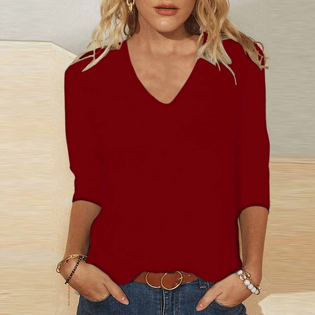 Eiyaclvo Womens 3/4 Sleeve Tops Casual V Neck T Shirts Trendy Cute Three Quarter Length Shirts Spring Summer Solid Color Basic Tees