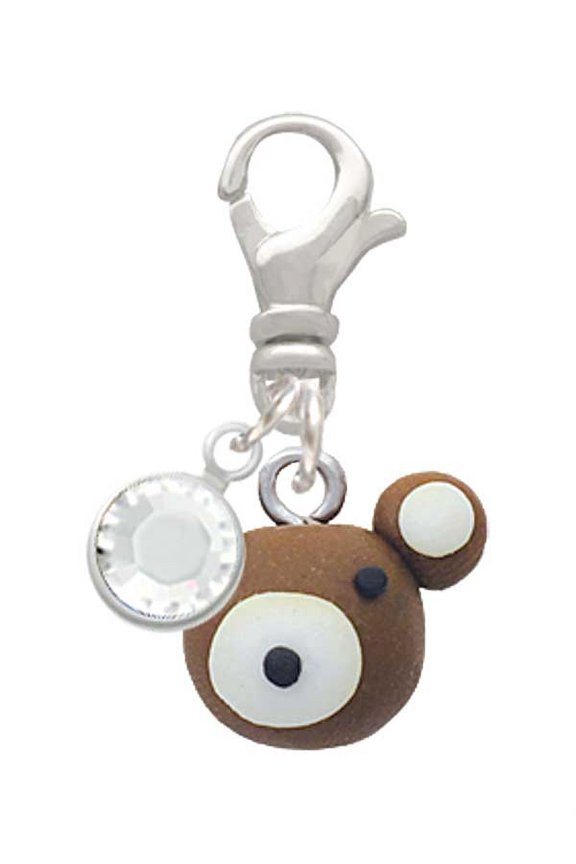 Fimo Clay Teddy Bear - Silvertone Clip on Charm with Clear Crystal Drop