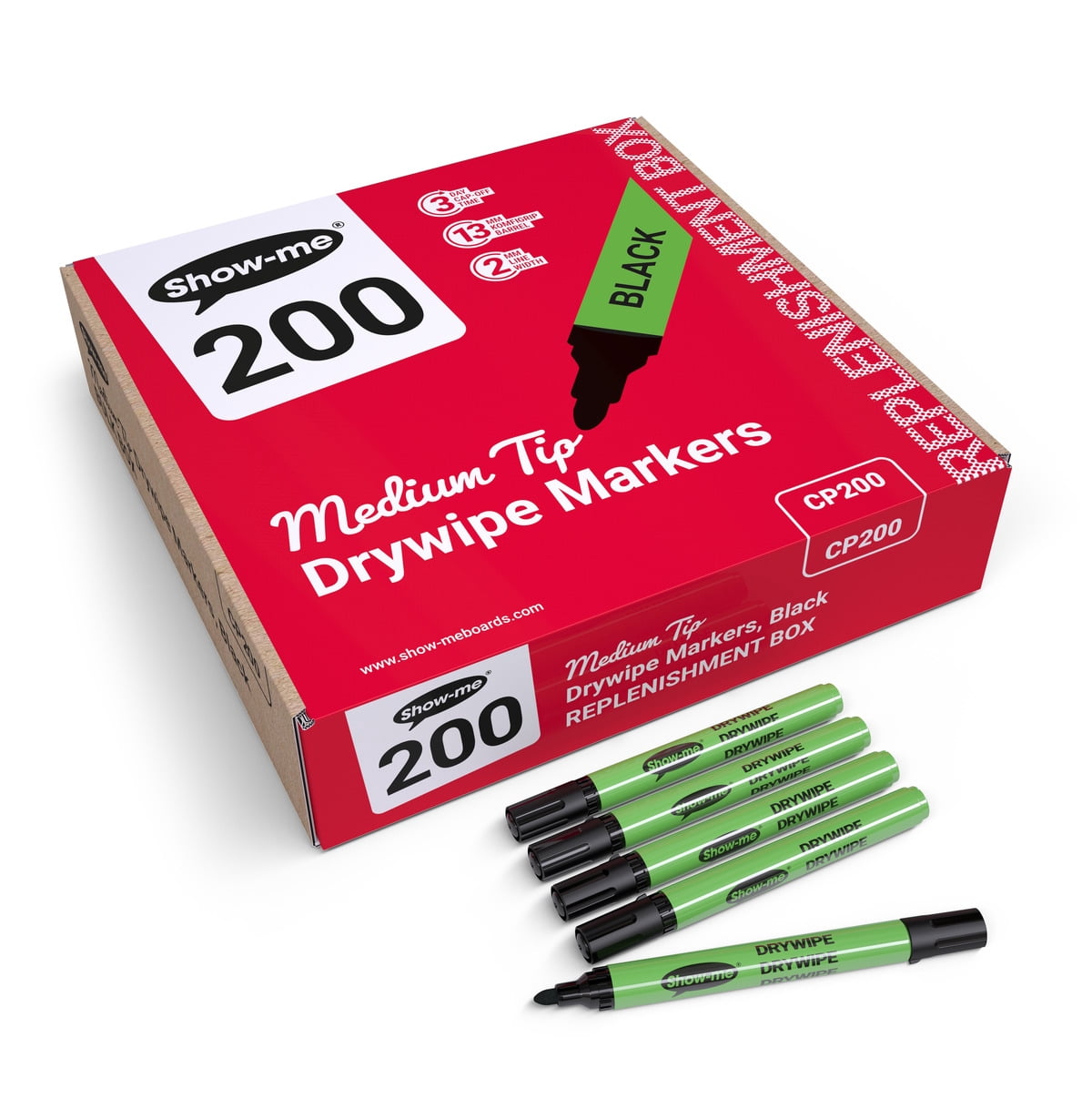 Show-me Box of 200 Medium Tip Slim Barrel Dry Erase Markers in Black
