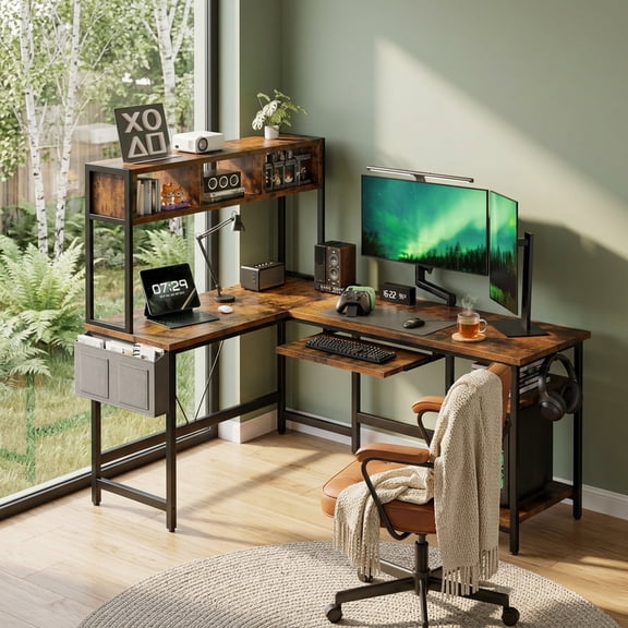 EDX 67'' L Shaped Computer Desk with LED Light, Shelf & Storage Bag & Keyboard Tray Corner Desk, Rust