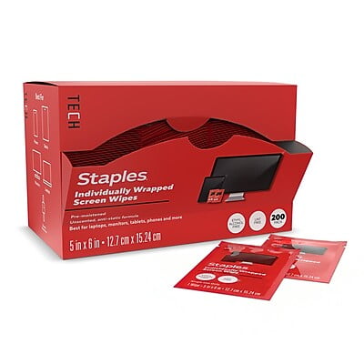 Staples TECH Screen Cleaning Wipes, Individually Wrapped, Streak-Free for Monitors/Phones/Laptops, 200-Pack