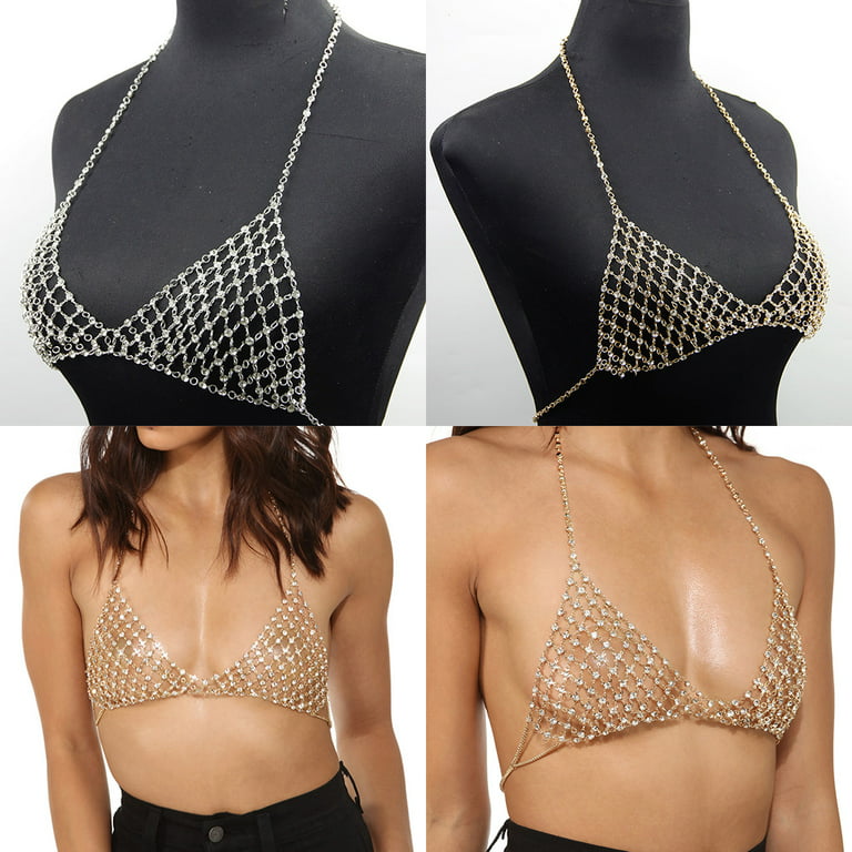 Ludress Crystal Layered Body Chain Gold Rhinestone Chest Chain Sparkly Tops  Bra Chains Tassel Bikini Chain Rave Party Body Jewelry for Women and Girls