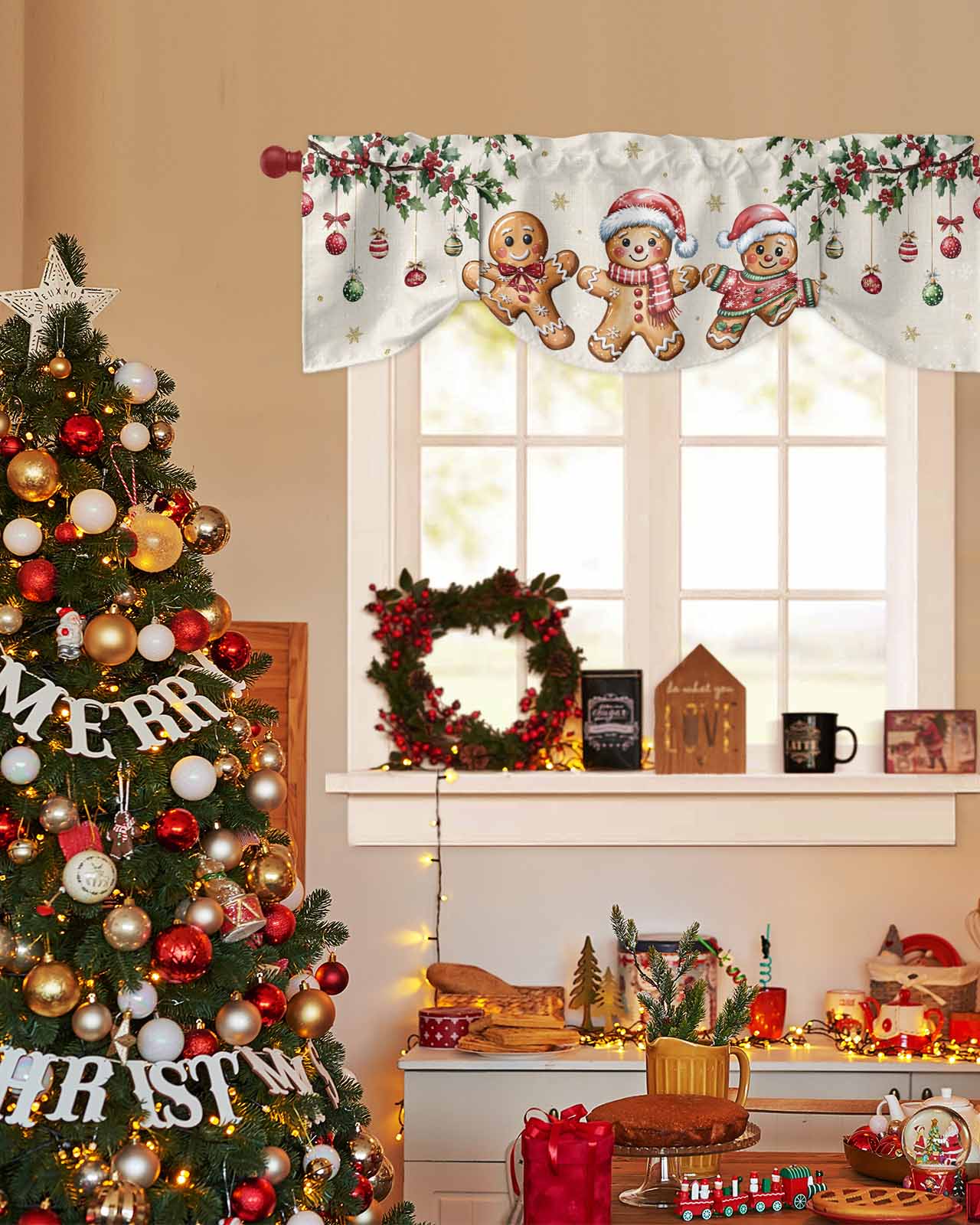 Christmas Gingerbread Man Tie Up Valances Curtain, Xmas Holly Berry Linen Texture Adjustable Rod Pocket Short Window Treatment Tie Up Curtains Valances for Kitchen Living Room Bathroom 54x18 In