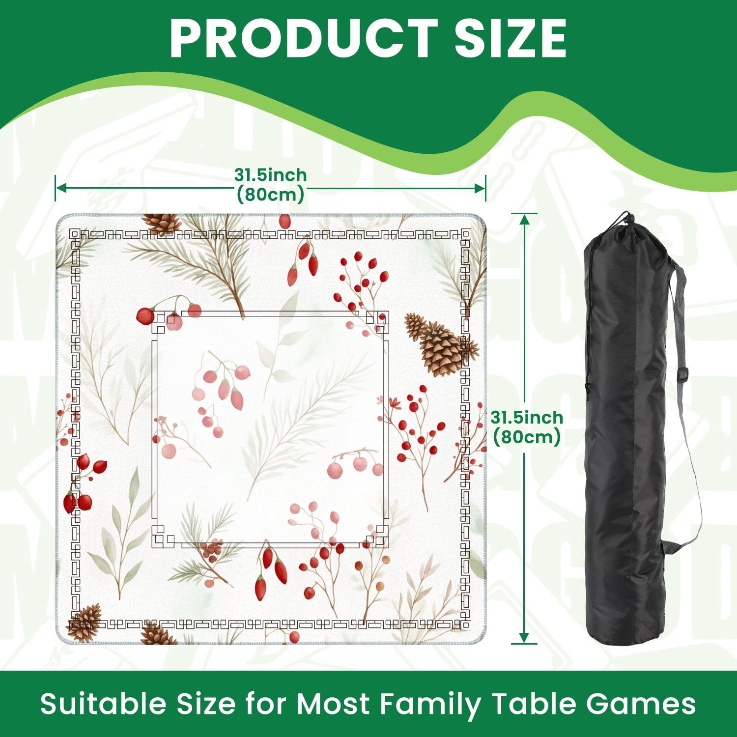 Mahjong Mat 31.5" x 31.5" Christmas seamless red berries green fir twigs cones white Non-Slip Noise Reduction American Mahjong Tiles Table Cover for Dominoes Poker Card Board Games Gift