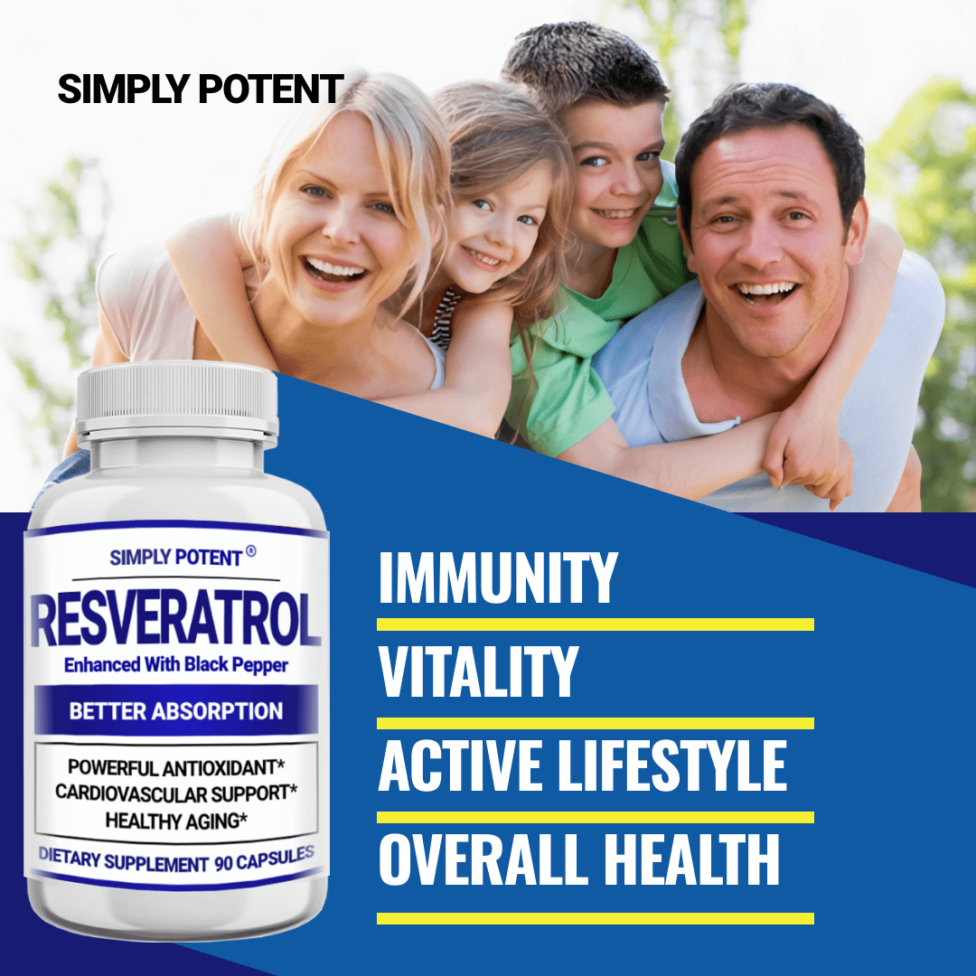 Simply Potent Resveratrol 1000mg  with Black Pepper Supplement for Anti-Aging, Skin & Heart Health, Immune System, Brain Function & Digestive Support, 90 Caps