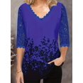 thumbnail image 3 of Camiseta De Encaje En Contraste Con Estampado Floral, Camiseta De Media Manga Con Cuello En V, Camisetas Casuales Para Todos Los Días, Ropa De Mujer, 3 of 4