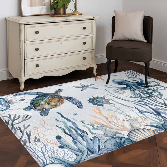 3'x5' Area Rugs, Blue Turtle Coastal Indoor Outdoor Area Rug for Living Room Bedroom, Octopus Summer Beach Coral Starfish Seahorse Bathroom Rugs Kitchen Floor Carpet Mats Home Decor Aesthetic