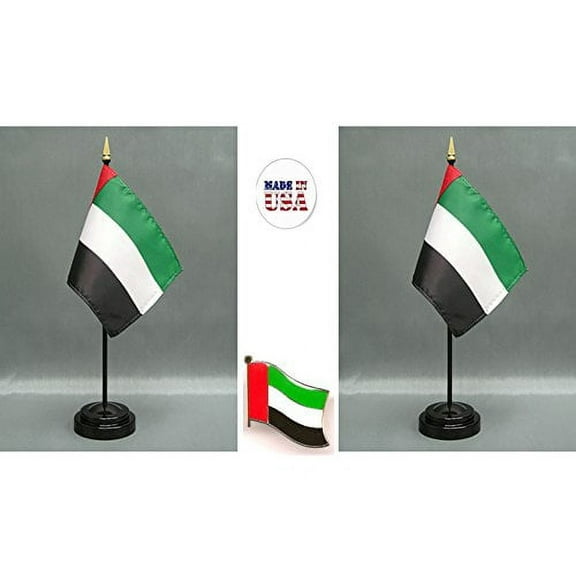 Made in The USA. 2 United Arab Emirates 4"x6" Miniature Office Desk & Little Hand Waving Table Flags Includes 2 Flag Stands & 2 UAE Small Mini Stick Flags, Plus 1 UAE Flag Lapel Pin.