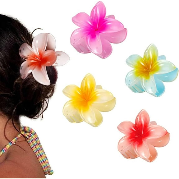 4 Pieces Plumeria Flower Hair Claw Clips Acrylic Hair Jaw Clips Hawaiian Hair Claw Clips Jaw Clip Barrettes Strong Hold Hair Jaw Clamps for Women and Girls