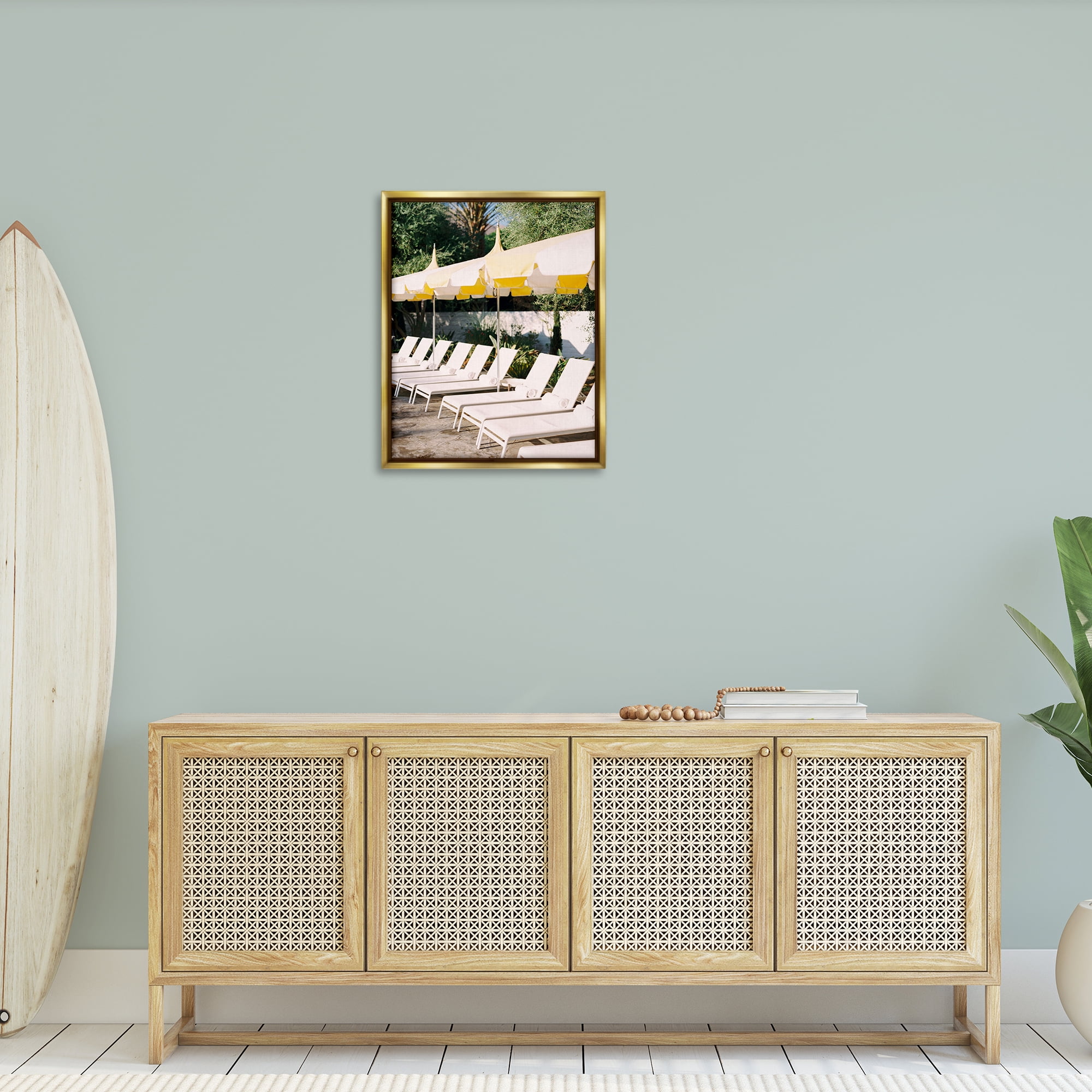 Stupell Industries Poolside Beach Chairs Landscape Photography Gold Floater Framed Canvas Art Print Wall Art, 25 x 31