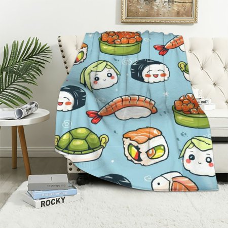 Patifu Cute Sushi Blanket Gifts for Kids Adults Blue Japanese Food Kawaii Roll Smiling Faces Throw Blankets Lightweight Soft Fleece Cozy for Sofa Couch Bed Living Room Decor 50x60in White