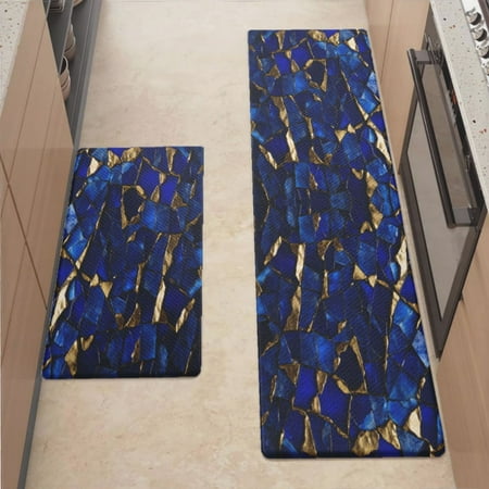 

Anti Fatigue Kitchen Mat Blue And Gold Mosaic Sets of 2 Kitchen Rugs Non Slip Cushioned Standing Mat for Sink Floor Laundry Office Desk Mid 17.3 x 29 + Plus 17.3 x 47.2