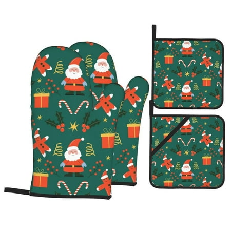 

PUREYAH Oven Mitts And Pot Holders Sets Kitchen Santa Claus Candy Holiday Oven Gloves Hot Pads Heat Resistant 4 Pieces