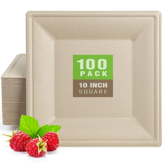 Gezond Compostable Square Plates 10 Inches, 100pcs Disposable Paper Plates, Eco-Friendly Heavy Duty Biodegradable Sugarcane Plates for Party