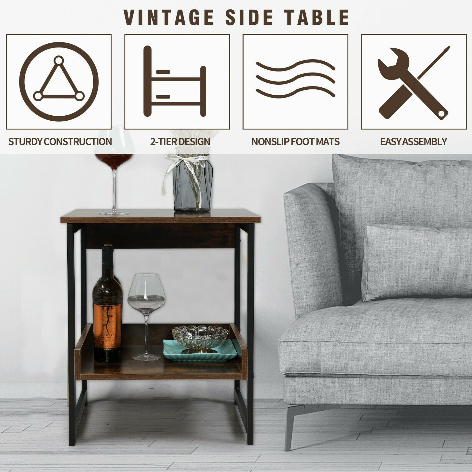 Private Jungle 2-Tier Industrial End Side Table Storage Shelf Wood Board and Metal Frame,Brown Private Jungle 2-Tier Industrial End Side Table Storage Shelf Wood Board and Metal Frame,Brown