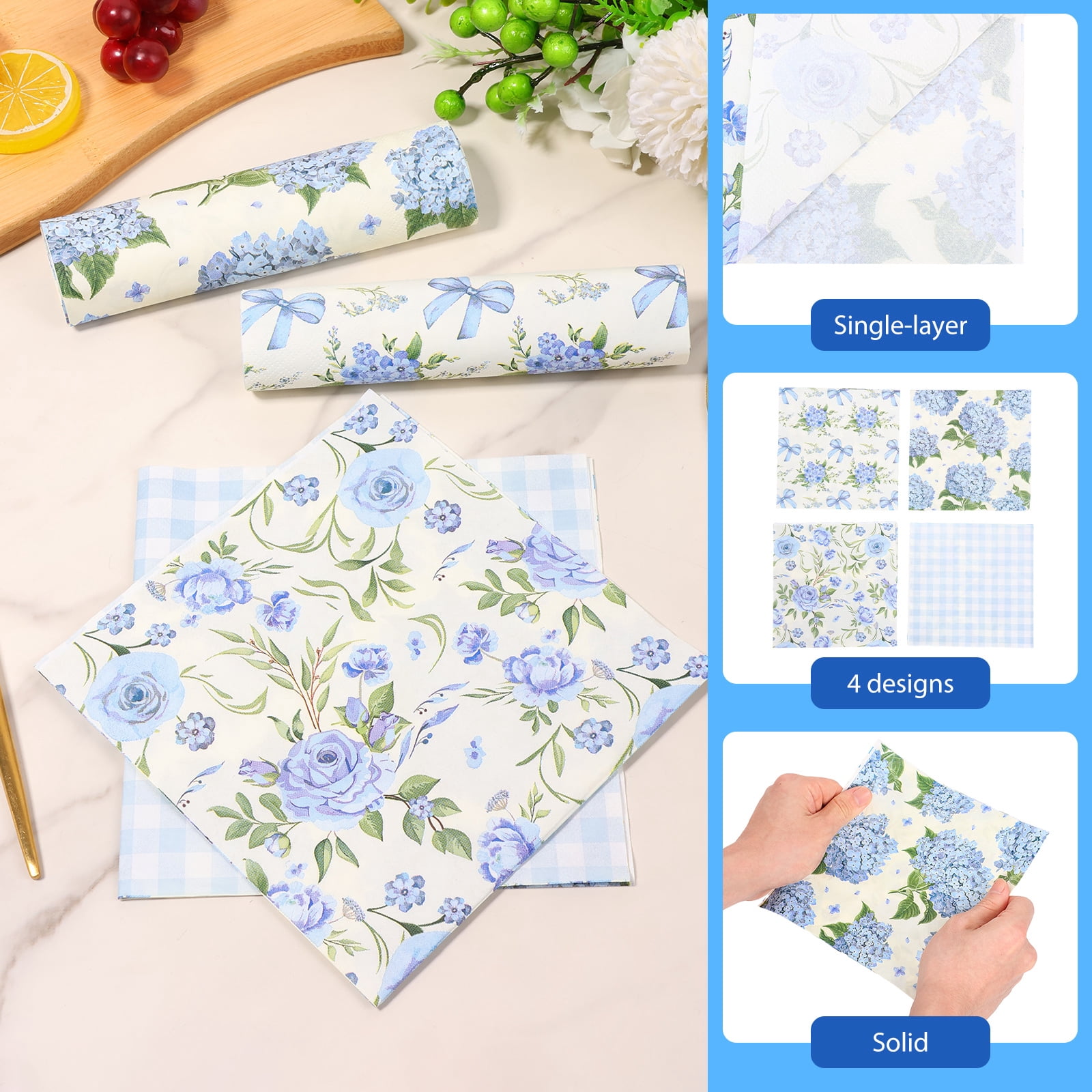 Atopoler 120 Pcs Floral Decoupage Napkins,Decorative Floral Paper Napkin,Flower Hand Towels for Celebrations Tea Party Dinner Wedding,Blue Color