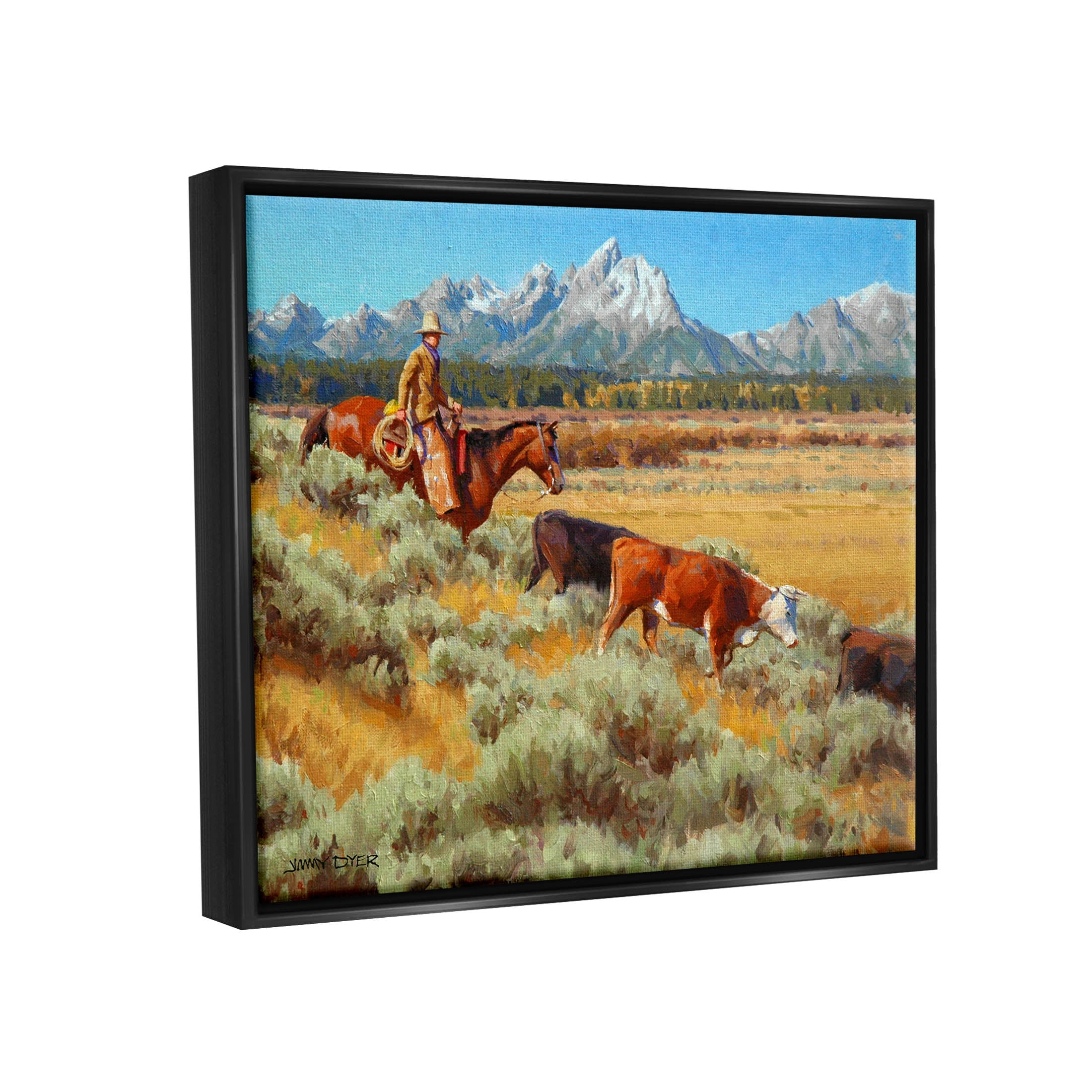 Western Ranch Horse Cattle Animals & Insects Painting Jet Black Framed Art Print Wall Art