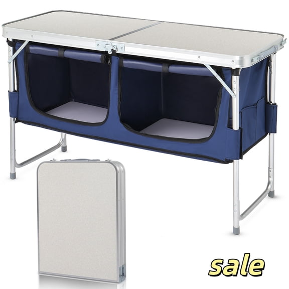 Hassch 4 ft Folding Camping Table with Storage, 21.3"-28" Adjustable Height Outdoor Table for Backyard, BBQ and Picnic, White
