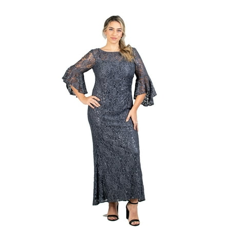 R & M Richards Bell Sleeve Lace Plus Size Dress, Charcoal,16W