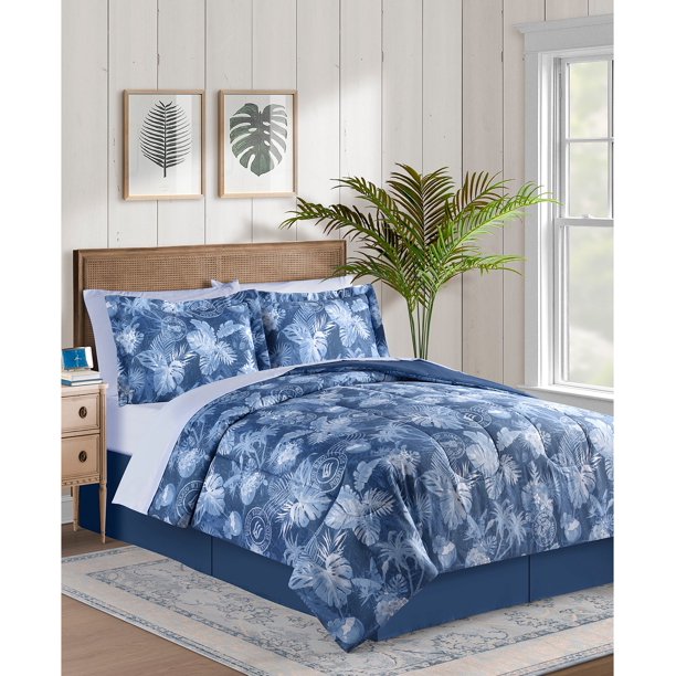 Blue Coastal Palm Leaves Island Beach House Reversible King Comforter