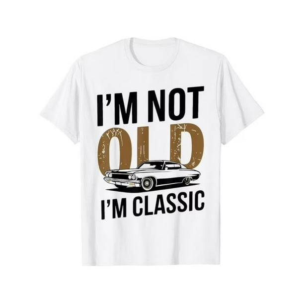 Camiseta para hombre con estampado "No soy viejo, soy clásico". Algodón suave, cuello redondo informal, manga corta, estampado de coches clásicos. Resistente y transpirable, ideal para uso informal.