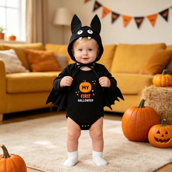 Infant Boys 2 Piece Outfits Fall Outfits Batwing Sleeve Bodysuit with Hat Sets Size 9-12 Months ,Black