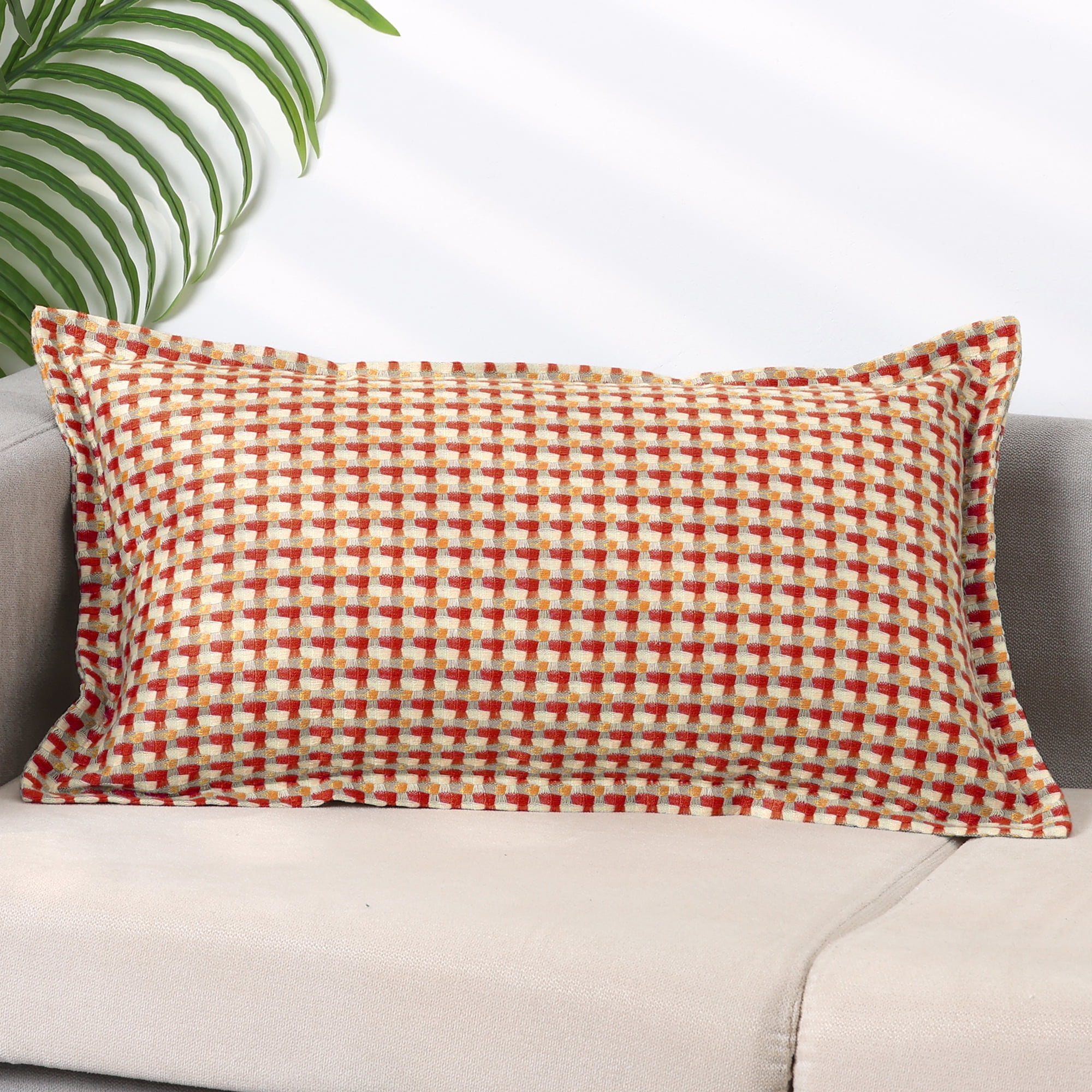 Unique Bargains Plaid Throw Pillow Covers Decorative Pillow Cases Square Cushion Covers Orange Grid 12" x 20"