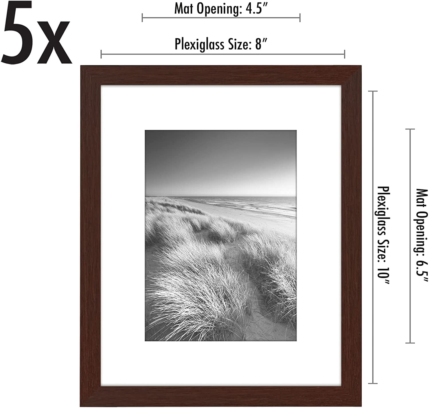 Americanflat 8x10 Picture Frame in Mahogany - Displays 5x7 With Mat and 8x10 Without Mat - Set of 5 Frames - Sawtooth Hanging Hardware and Easel Stand Included For Horizontal and Vertical Display