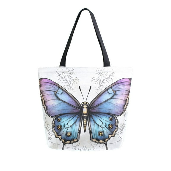 Durable Canvas Tote Bag with Zip Pocket Bags for Woman Shoulder Versatile Carryall for Everyday Use Blue Butterfly
