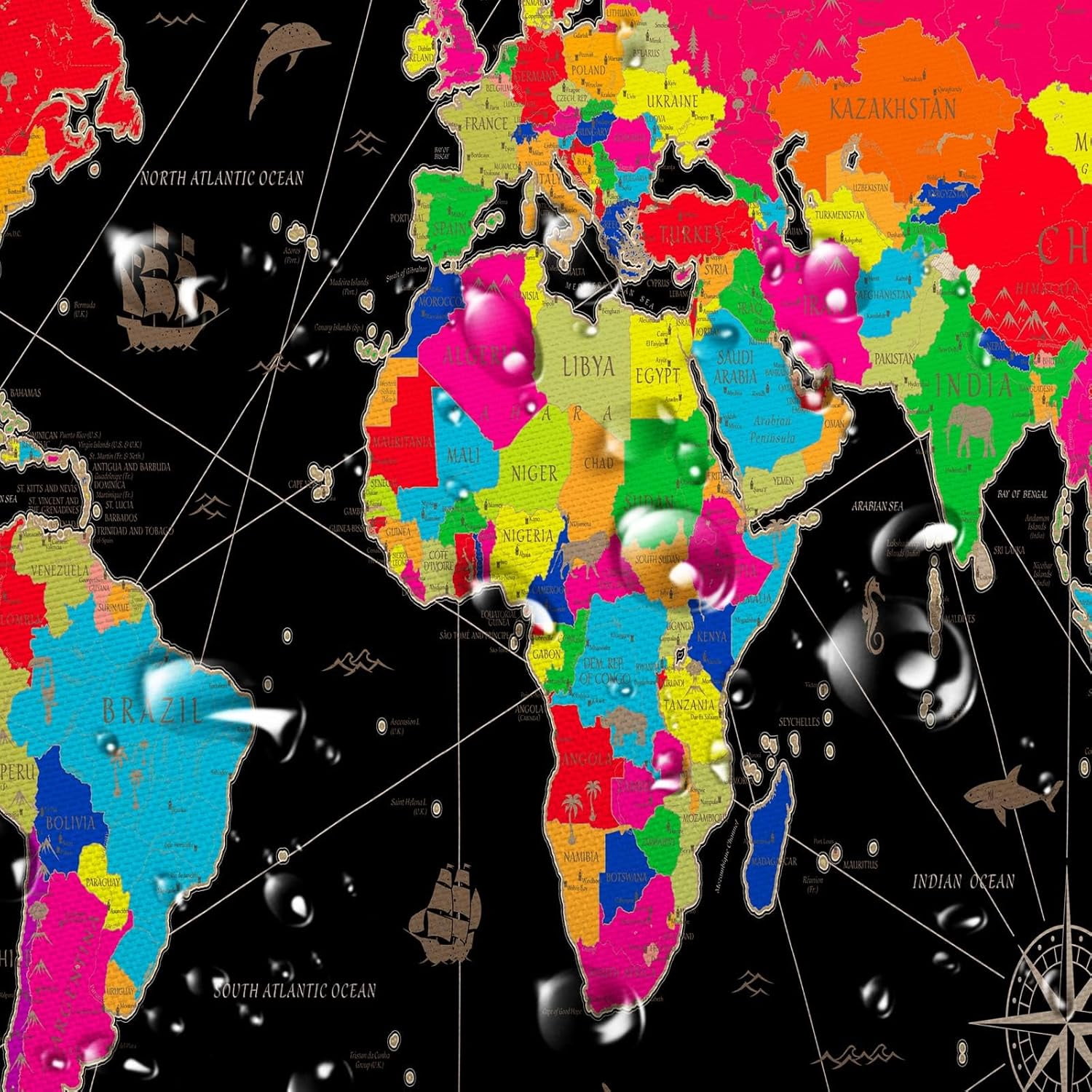 World Map Shower Curtain, Map of The World with National Educational Fabric Shower Curtains Set for Bathroom, Geography Educational Fabric Bathroom Shower Curtain with Hooks, 60X70IN（Black）