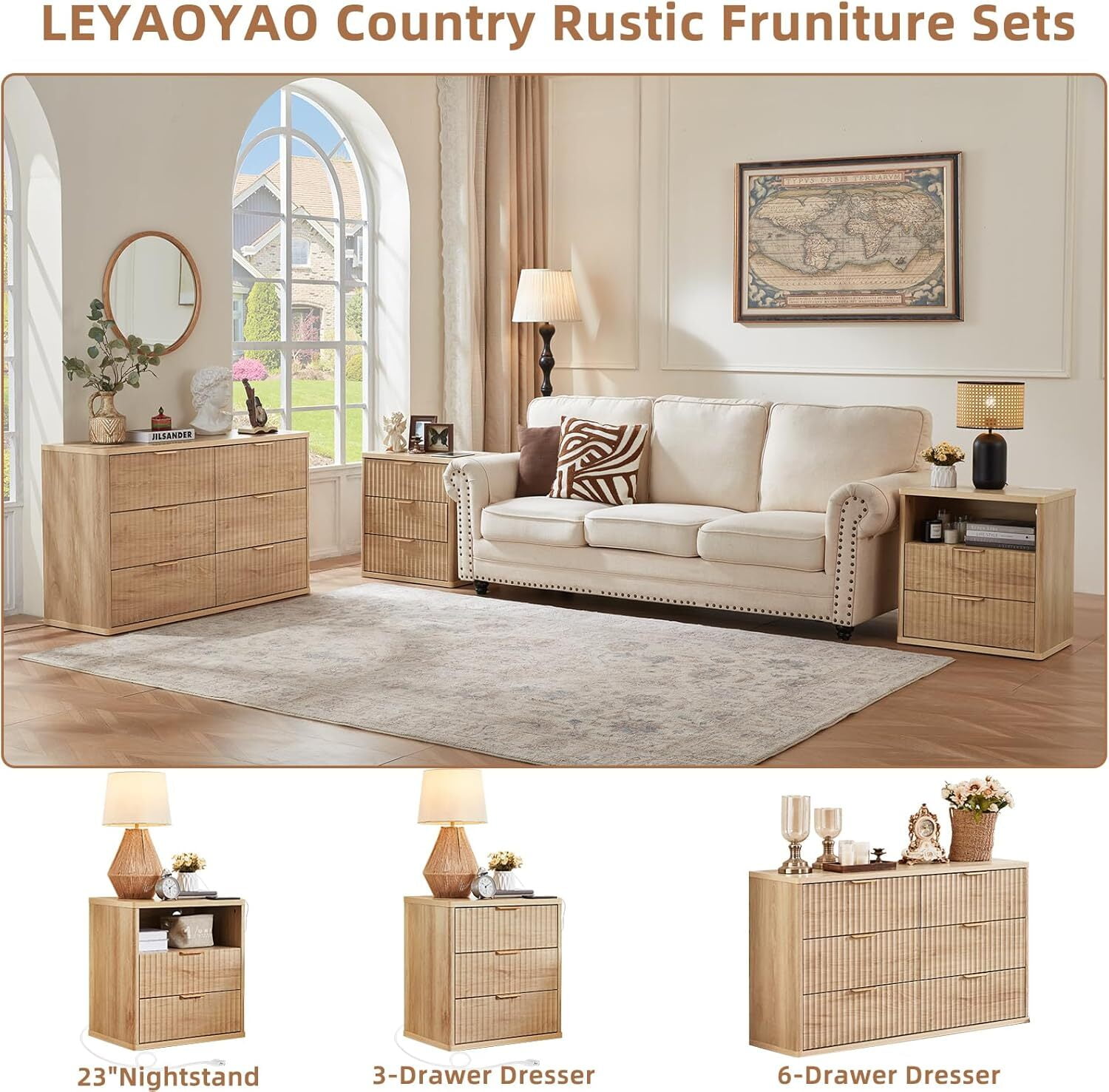 6 Drawer Dresser for Bedroom, 48" Width Fluted Wood Chest of Drawer with Golden Embedded Handles for Living Room, Natural Oak