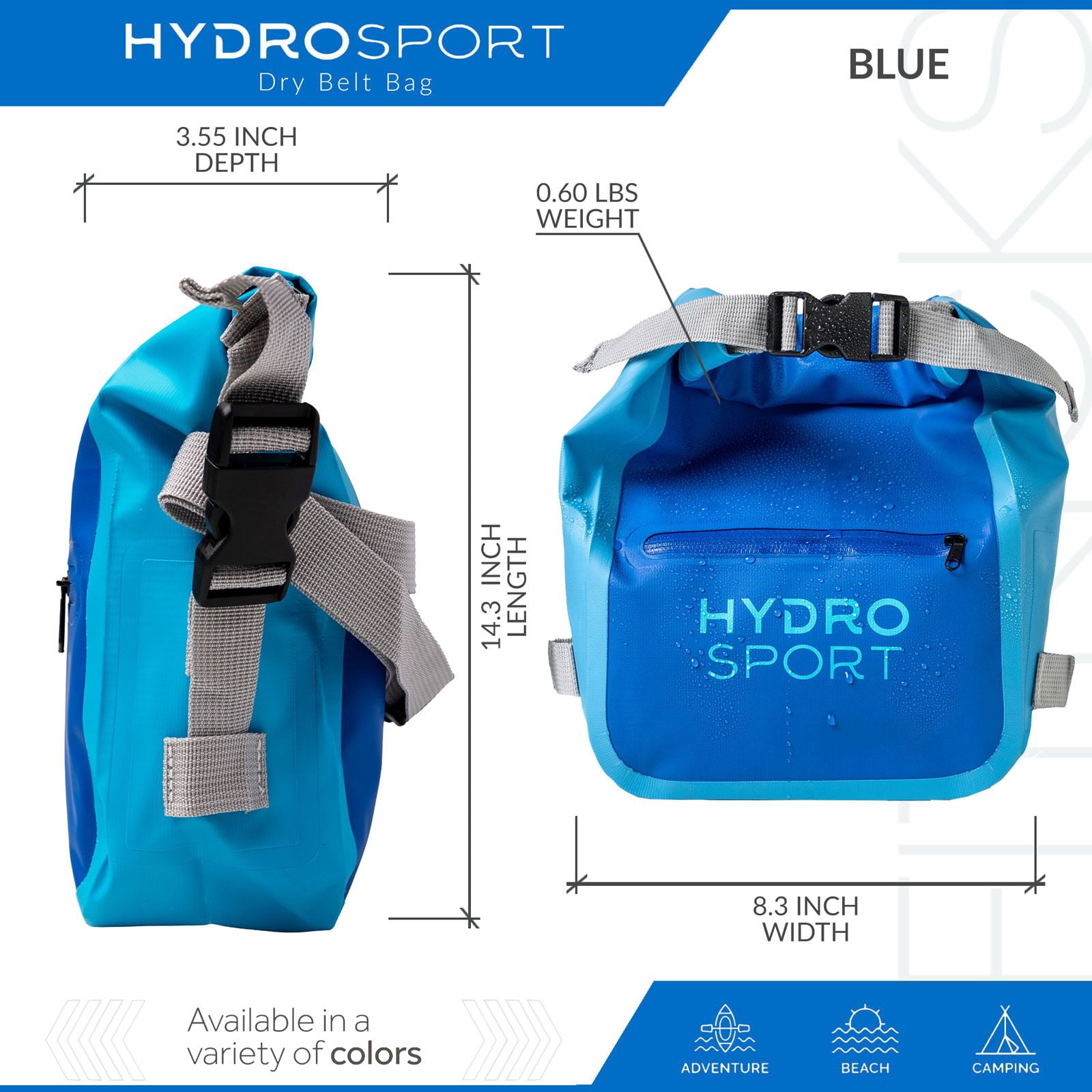 FITKICKS HydroSport Dry Belt Bag Waterproof Waist Pack with Adjustable Strap - Blue