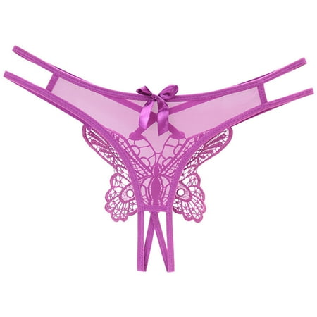 

Skpblutn Women S Briefs Low Waist Traceless Mesh Embroidered Big Butterfly Open End Thong Womens Underwear Purple One Size