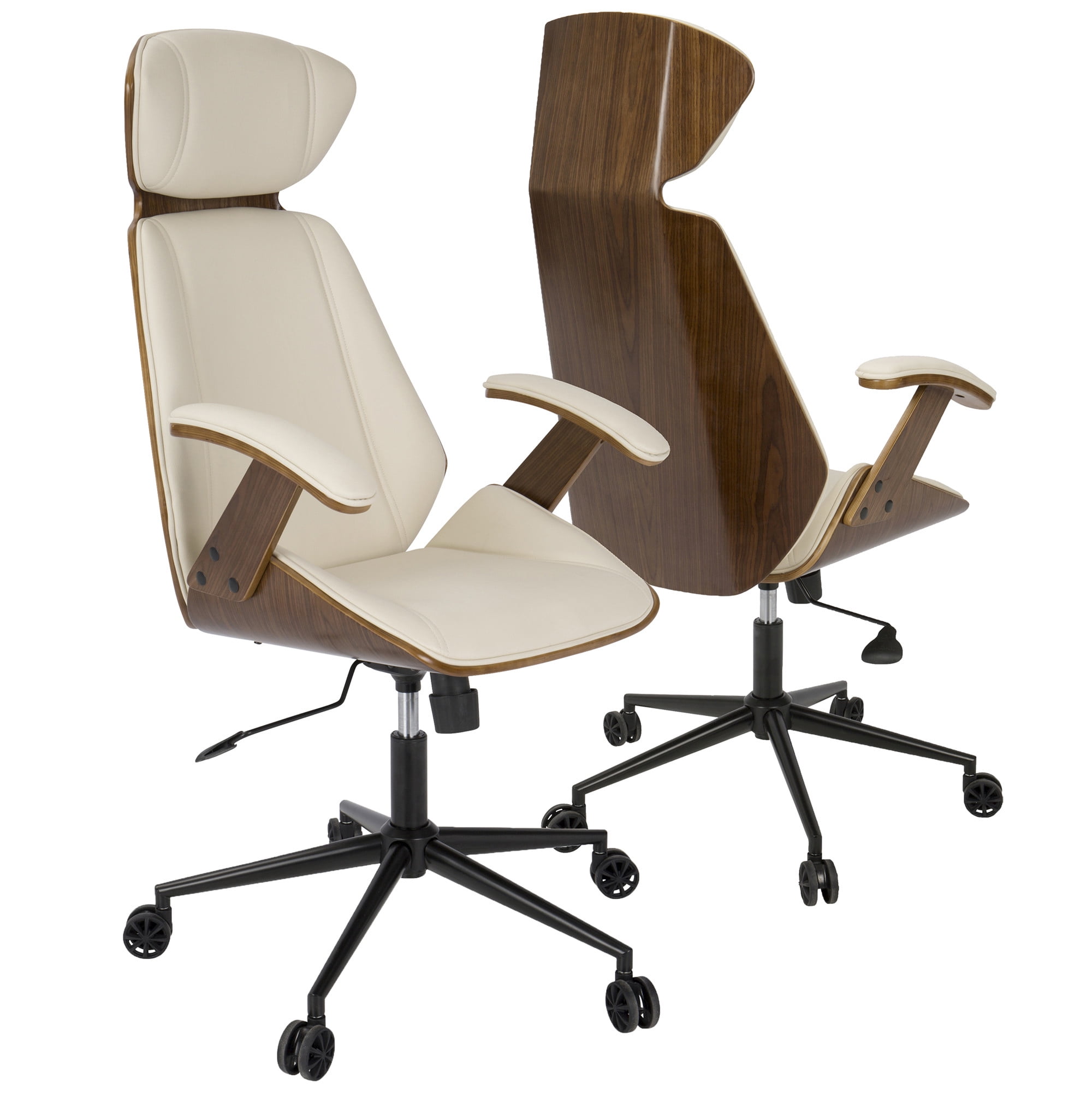 Adjustable Office Chair In Walnut Wood, Cream Office Chair Faux Leather