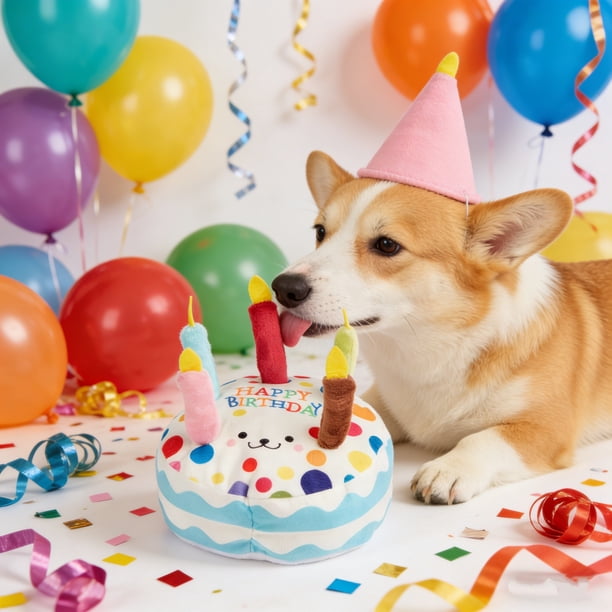 Este juguete de peluche con forma de pastel de cumpleaños que chirría para perros es perfecto como regalo de cumpleaños para tu perro.