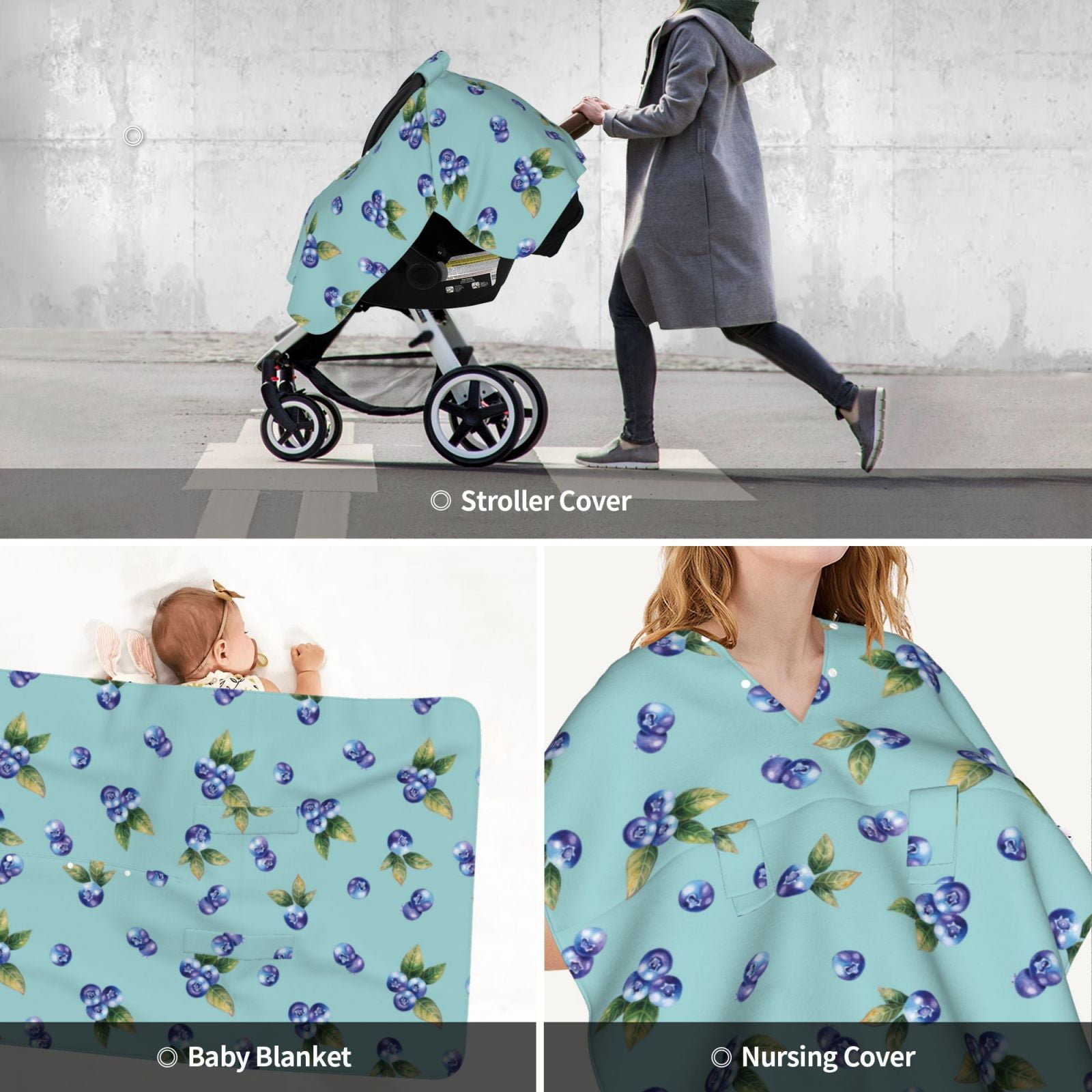 Car Seat Cover Baby - Blueberries Print blue Breathable Infant Car Seat Cover for Baby Carseat, Lightweight Comfort Baby Essentials Must Haves Newborn Stuff for Girl Boy