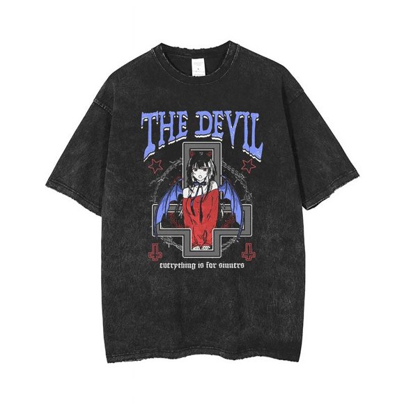 Anime Men‘s T Shirts Gothic Printed T-Shirt Hip Hop Streetwear Punk Summer Vintage Washed Oversized Tops Men Clothing