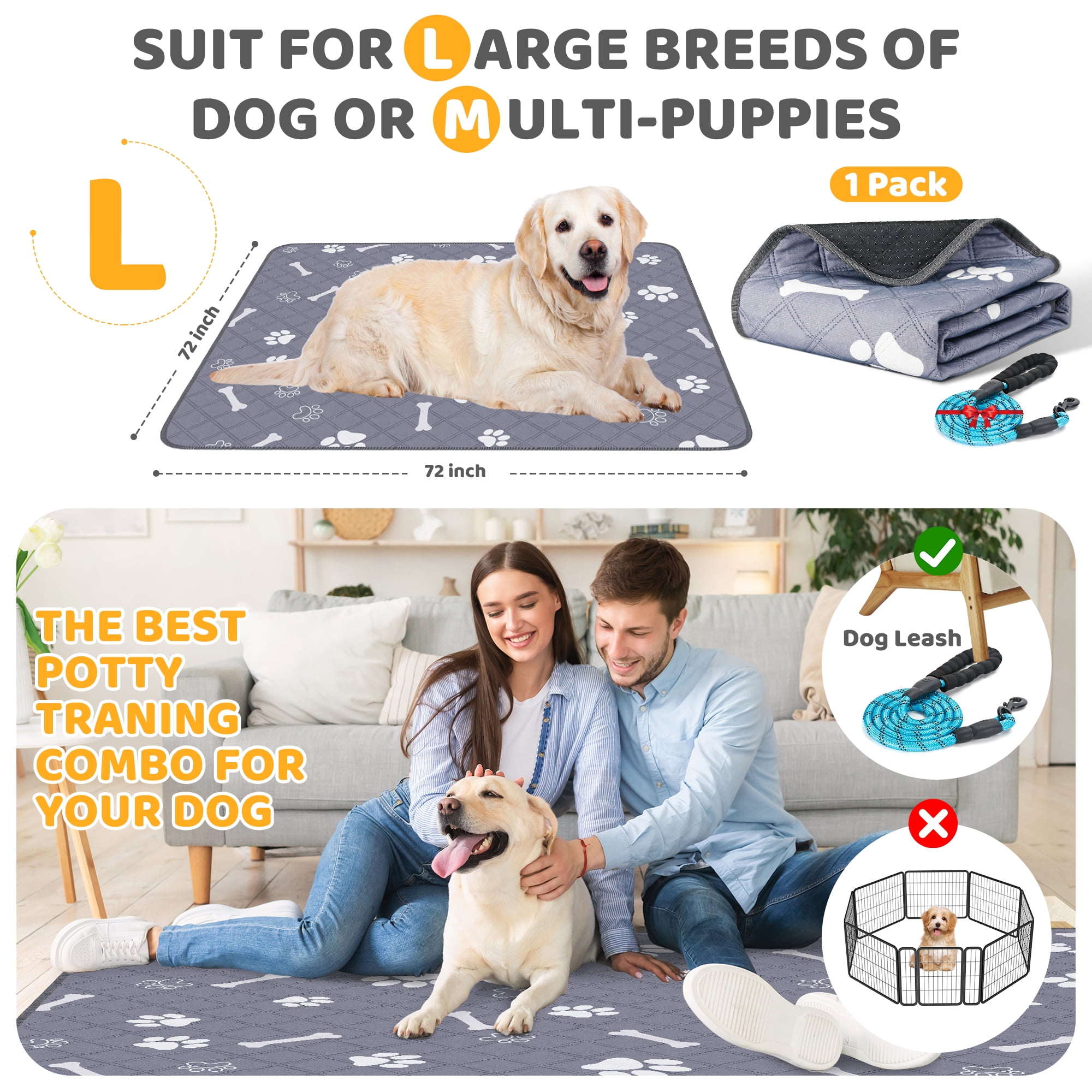 Washable Pee Pads for Dogs, 72" x 72" Reusable Puppy Pads Non-Slip Pet Training Pads, Super Absorbent Whelping Pads for Playpen, Potty, Crate, Bed (with 60''L Dog Leash)
