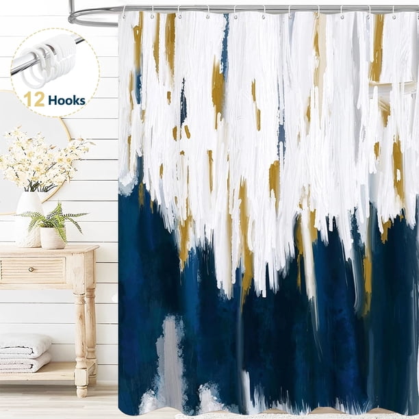 Dznils Cortina de Ducha Sombreada Azul y Blanca con Ganchos, Cortina de Baño de Tela Moderna Abstracta, 72" x 72"
