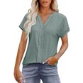 thumbnail image 2 of ECZHAW Eyelet Tops for Women Trendy Solid Color Versatile Short Sleeve Shirts Basic Business Casual V Neck Summer T-Shirts, 2 of 9