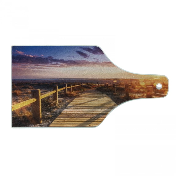Landscape Cutting Board, Sunset with Clouds in Cabo de Gata Nijar Natural Park Bridge Way with Fences, Decorative Tempered Glass Cutting and Serving Board, Wine Bottle Shape, Multicolor, by Ambesonne