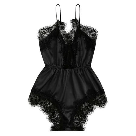 

wendunide lingerie for women New Fashion Bodysuit Jumpsuit Lace Satin Silk Sleepwear Lingerie Underwear Black XXL