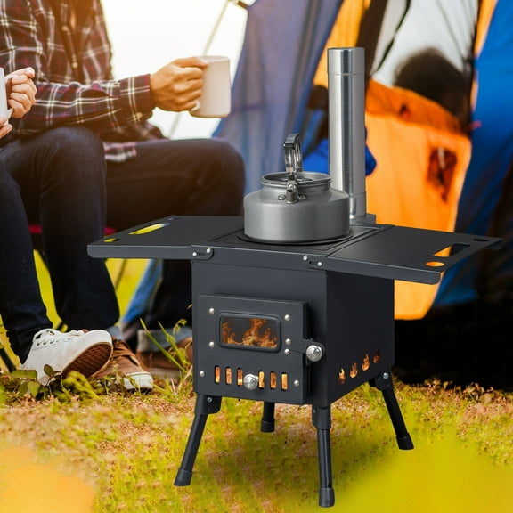 Wood Burning Stove for Tents,Portable Folding Camping Stove with Chimney Pipes and Spark Arrestor,Titanium Surface and Heat Resistant Glass for Outdoor Heating,Cooking in Courtyard and Survival,Black