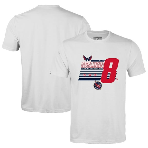 Men's Levelwear Alexander Ovechkin White Washington Capitals NHL All-Time Leading Goal Scorer Milestone Stripes Name &