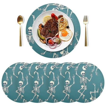 

joogoo Skeleton Dancing Round Plate Mats for Dining Table Placemat Set of 6 Holiday Decoration