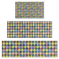 Multi Color Diamond Checkerboard Checkered Pattern Kitchen Rugs Sets Of 3,Kitchen Runner Rugs Non Skid Washable,Decorative Kitchen Floor Mats for Kitchen,Sink,Laundry,17"x30"  17"x47"   17"x59"