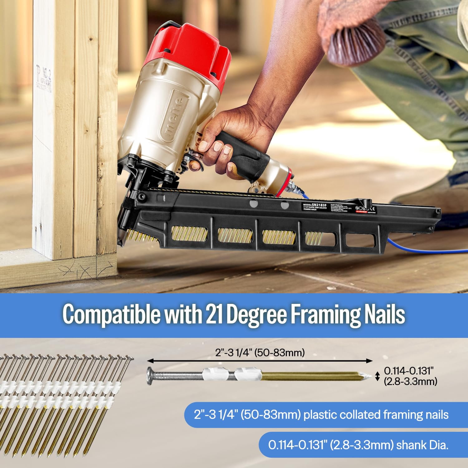 Meite SN2183F Pneumatic Framing Nailer 21 Degree 2" to 3-1/4" Length Plastic Plastic Collated Round Head Framing Nail Gun