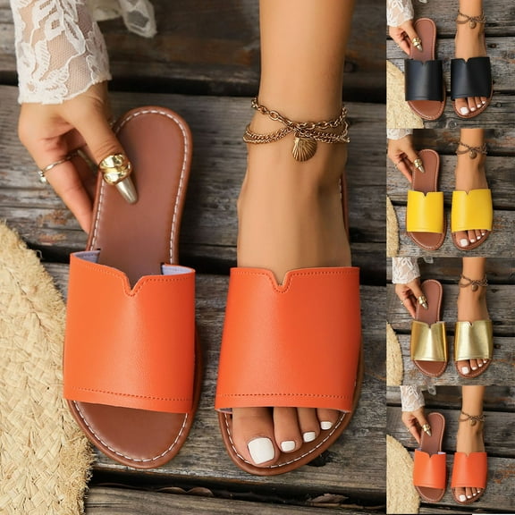 HaiMao Women's PU Leather Open Toe Flat Sandals Single Band Summer Casual Slip on Slides Yellow 9.5(43)