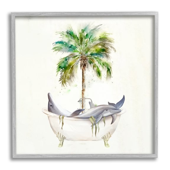 Stupell Industries Dolphins in Bath Tub Palm Tree Animals & Insects Painting Gray Framed Art Print Wall Art
