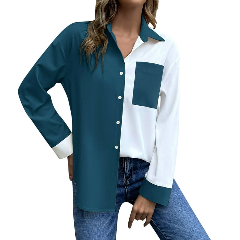 ZIZOCWA Camisas Vaqueras Para Mujer Poplin Blouses For Women Contrast Stitched Single Cardigan Shirt Lapel Shirt Womens Long Sleeve Button - Walmart.com